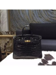 Hermes Birkin 25cm Shiny Alligator Crocodile Handstitched Gold Hardware, Noir Black RS10397