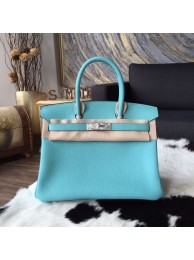 Hermes Birkin 30cm/35cm Togo Calfskin Bag Handstitched Palladium Hardware Q Stamp, Blue Atoll 3P RS00355