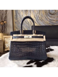 Hermes Birkin 30cm Shiny Crocodile Skin Bag Handstitched Palladium Hardware, Blue Indigo CK76 RS14940