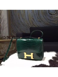 Hermes Constance 18cm Shiny Alligator Crocodile Original Leather Fully Handstitched Gold Hardware, Vert Fonce CK67 RS13893