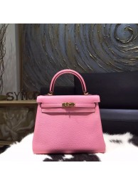 Hermes Kelly 25cm Taurillon Clemence Calfskin Original Leather Bag Handstitched Gold Hardware, Pink 5P RS16485