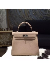 Hermes Kelly 25cm Taurillon Clemence Original Leather Bag Handstitched Palladium Hardware, Gris Tourterelle CK81 RS03731