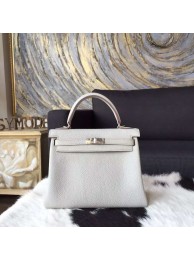 Hermes Kelly 25cm Togo Calfskin Original Leather Bag Handstitched Palladium Hardware, Pearl Grey CK80 RS15457