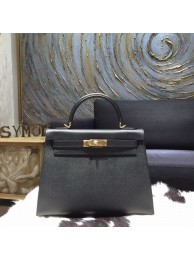 Hermes Kelly 28/32cm Epsom Calfskin Original Leather Bag Hand Stitched, Noir Black RS09638