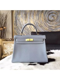 Hermes Kelly 28cm/32cm Taurillon Clemence Bag Handstitched Palladium/Gold Hardware, Blue Lin J7 RS07283