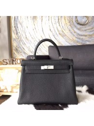 Hermes Kelly 28cm/32cm Togo Calfskin Original Leather Bag Handstitched Palladium Hardware, Noir RS05157