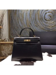 Hermes Kelly 28cm Box Calfskin Sellier Rigide Bag Handstitched Gold Hardware, Noir Black RS13653
