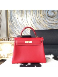 Hermes Kelly 28cm Epsom Calfskin Original Leather Bag Handstitched Gold Hardware, Rouge Casaque Q5/Blue Thalassa 7A Interior RS06866