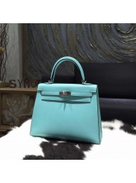 Hermes Kelly 28cm Epsom Calfskin Original Leather Bag Handstitched Palladium Hardware, Blue Atoll 3P RS03001