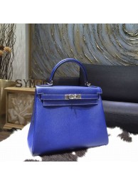 Hermes Kelly 28cm Epsom Calfskin Original Leather Bag Handstitched Palladium Hardware, Blue Electric 7T with Mykonos 7Q Interior and White Stitching RS04848