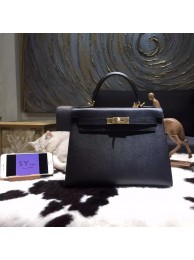 Hermes Kelly 28cm Epsom Calfskin Sellier Rigide Bag Handstitched Gold Hardware, Noir Black RS04346