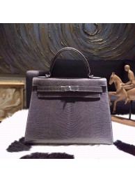 Hermes Kelly 28cm Lizard Skin Sellier Rigide Handstitched Palladium Hardware, Gris Fonce CK84 RS15834