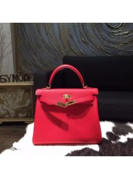 Hermes Kelly 28cm Taurillon Clemence Bag Handstitched Gold Hardware, Rouge Casaque Q5 RS12418