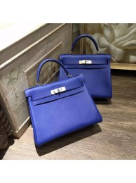 Hermes Kelly 28cm Taurillon Clemence Bag Handstitched Palladium/Gold Hardware, Blue Electric 7T RS14496
