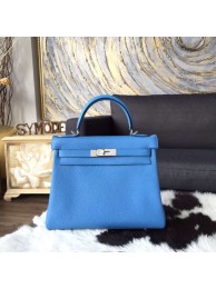 Hermes Kelly 28cm Taurillon Clemence Calfskin Bag Handstitched Palladium Hardware, Blue Paradise 2T RS06618