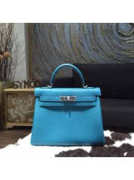 Hermes Kelly 28cm Togo Calfskin Bag Handstitched Palladium Hardware, Turquoise Blue 7B RS17657