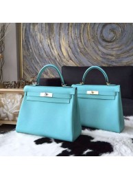 Hermes Kelly 28cm Togo Calfskin Bag Palladium Hardware Handstitched, Blue Atoll 3P RS04639