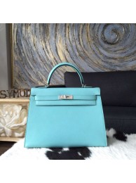 Hermes Kelly 32cm Bag Sellier Rigide Epsom Calfskin Palladium Hardware Handstitched, Blue Atoll 3P RS07222