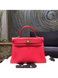 Hermes Kelly 32cm Taurillon Clemence Calfskin Original Leather Bag Handstitched Gold Hardware, Rouge Casaque CKQ5 RS13590