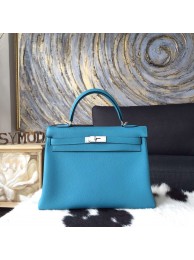 Hermes Kelly 32cm Togo Calfskin Bag Handstitched Palladium Hardware, Blue Turquoise 7B RS10567