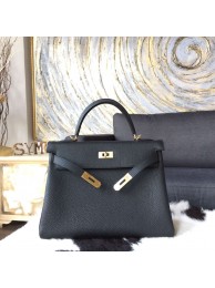 Hermes Kelly 32cm Togo Calfskin Original Leather Bag Handstitched Gold Hardware, Noir RS20635