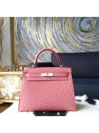 Hermes Kelly Autruche Ostrich 28cm Sellier Rigide Bag Handstitched Palladium Hardware, Terre Cuite CC94 RS00371