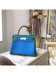 Hermes Kelly Ghillies Limited Edition 28cm Togo Calfskin Leather Bag Handstitched Palladium Hardware, Mykonos 7Q/Malachite Z6 RS04426