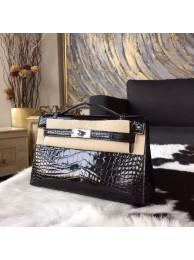 Hermes Mini Kelly KP Pochette 22cm Shiny Alligator Palladium Hardware Handstitched, Noir CK89 RS14977