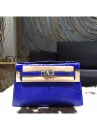 Hermes Mini Kelly Pochette 22cm Lizard Palladium Hardware Handstitched, Blue Electric 7T RS07264