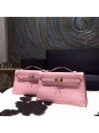 Hermes Mini Kelly Pochette 22cm Matte Alligator Crocodile Skin Handstitched, Pink 5P RS12565