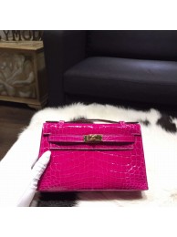 Hermes Mini Kelly Pochette 22cm Shiny Alligator Gold Hardware Handstitched, Rose Scheherazade J5 RS05992