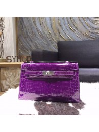 Hermes Mini Kelly Pochette 22cm Shiny Alligator Palladium Hardware Handstitched, Amethyst 9G RS02320