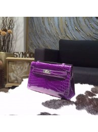 Hermes Mini Kelly Pochette 22cm Shiny Alligator Palladium Hardware Handstitched, Amethyst 9G RS20089