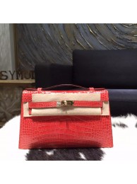 Hermes Mini Kelly Pochette 22cm Shiny Alligator Palladium Hardware Handstitched, Bougainvillier A5 RS21382