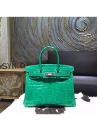 Hermes Shiny Alligator Crocodile Birkin 30cm Palladium Hardware Handstitched, Vert Emeraude 6Q RS06983