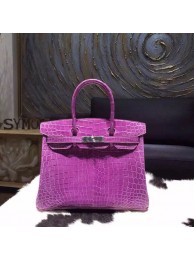 Hermes Shiny Alligator Crocodile Birkin 30cm Palladium Hardware Handstitched, Violet 5C RS08488
