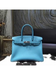 High Quality Hermes Birkin 30cm Togo Calfskin Bag Handstitched Palladium Hardware, Blue Turqouise 7B RS03006