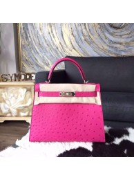Imitation Hermes Autruche Ostrich Kelly 32cm Sellier Rigide Bag Handstitched Palladium Hardware, Fuschia Pink 5J RS16236