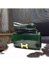 Imitation Hermes Constance Elan 26cm Shiny Crocodile Skin Bag Handstitched, Vert Fonce CK67 RS09114