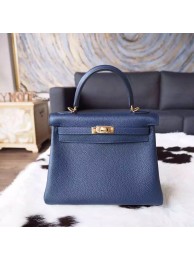 Imitation Hermes Kelly 25cm Togo Calfskin Bag Handstitched Gold Hardware, Blue Nuit 2Z RS09148