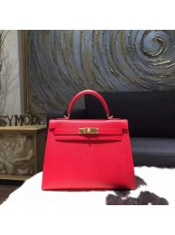 Imitation Hermes Kelly 28cm Epsom Calfskin Bag Handstitched Gold Hardware, Rouge Casaque Q5 RS02519