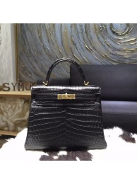 Imitation Hermes Matte Alligator Crocodile Kelly 28cm Gold Hardware Handstitched, Noir Black RS21280