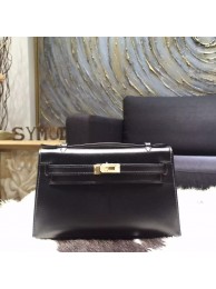 Imitation Hermes Mini Kelly Pochette 22cm Swift Calfskin Leather Gold Hardware, Noir RS03496