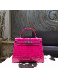 Imitation VIP Hermes Shiny Alligator Crocodile Kelly 28cm Sellier Rigide Bag Palladium Hardware Handstitched, Rose Scheherazade J5 RS01678