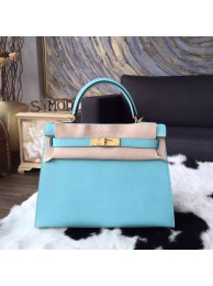 Knockoff Hermes Kelly 28cm Epsom Calfskin Original Leather Bag Handstitched, Blue Atoll 3P RS08487