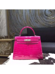 Knockoff Hermes Kelly 28cm Shiny Alligator Crocodile Palladium Hardware Handstitched, Rose Scheherazade J5 RS18340