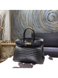 Knockoff Hermes Matte Alligator Crocodile Birkin 35cm Gold Hardware Handstitched, So Black RS00993