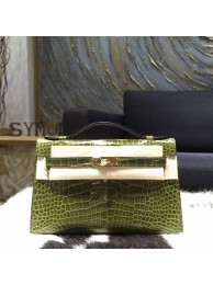 Knockoff Hermes Mini Kelly Pochette 22cm Shiny Alligator Gold Hardware Handstitched, Vert Veronese 6H RS00770