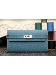 Luxury Hermes Kelly Longue Wallet In Jean Blue Clemence Leather RS04729