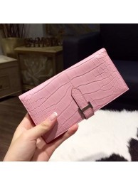 Replica Hermes Bearn Wallet Matte Crocodile Skin Handstitched Palladium Hardware, Pink 5P RS07177